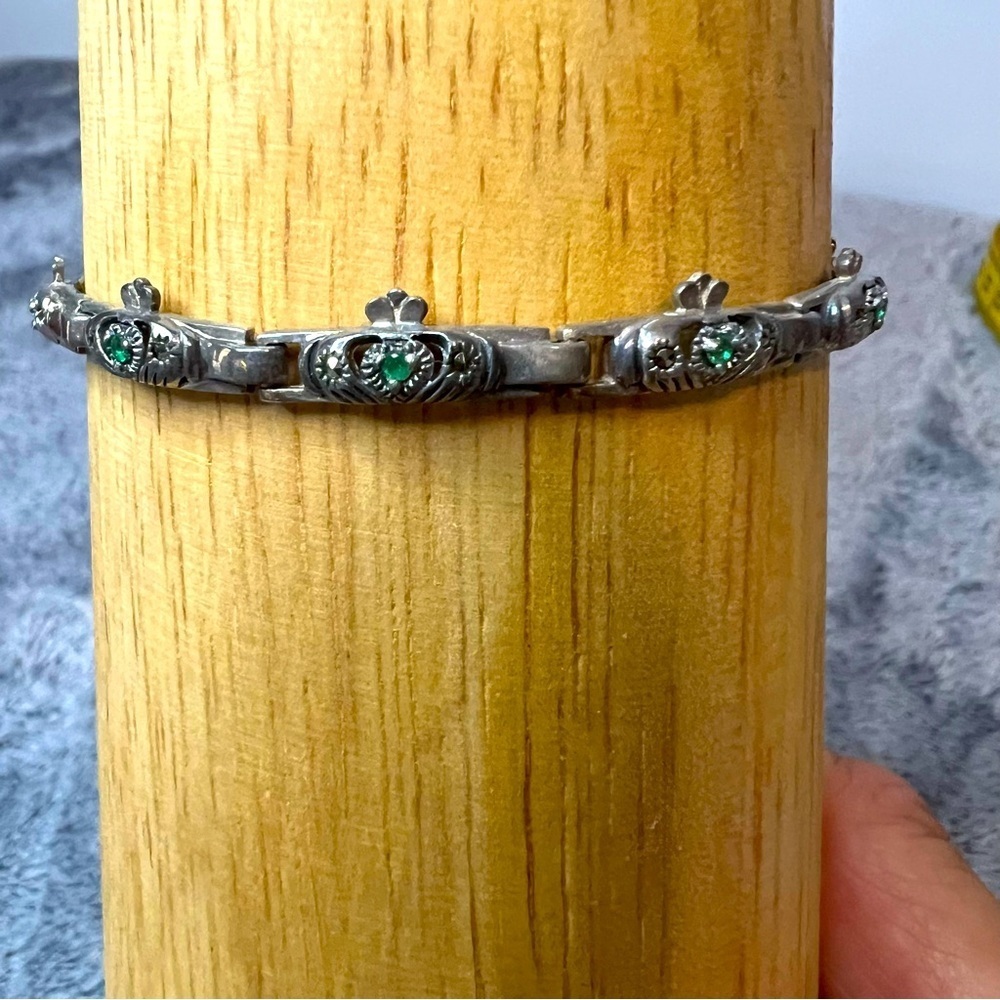 Vintage Sterling Silver Irish Claddagh Emerald Tennis Bracelet Marcasite Accents